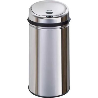 a close up of a stainless steel trash can on a white background
