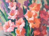 a painting of flowers in a vase on a table