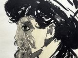 a black and white drawing of a man with a hat