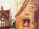 an oil painting of a street scene with buildings and a person in a window