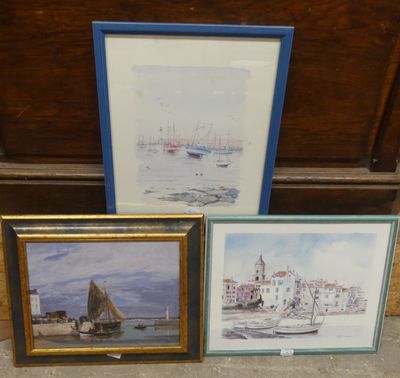 three framed pictures of boats and a boat in a harbor