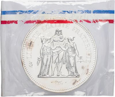 a close up of a coin in a plastic bag on a white surface