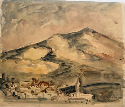 a watercolor painting of a mountain with a house in the foreground