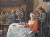 a painting of a woman sitting at a table with a group of people
