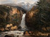un tableau représentant une cascade au cœur d'une montagne