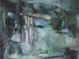 an oil painting of a river with a bridge in the background