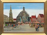 peinture d'une scène de rue avec une église à l'arrière-plan