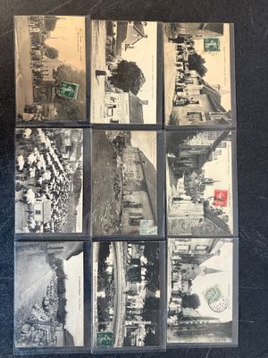 several old black and white photographs of a street and buildings