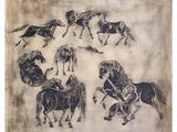 an image of a drawing of horses and riders on a wall