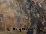 an oil painting of a man riding a horse down a dirt road