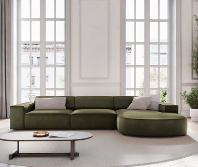 an image of a modern living room with a green couch