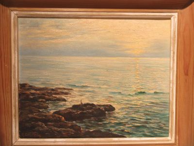 a picture of a painting of a sunset over the ocean