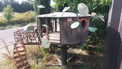 une cabane dans les arbres surmontée d'un nichoir