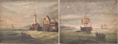three pictures of a painting of boats in a body of water