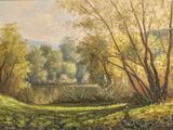 a painting of a river in the middle of a field