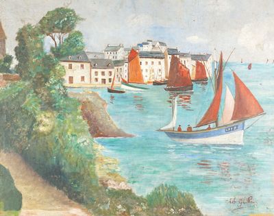 une peinture représentant un voilier sur l'eau, près d'une ville