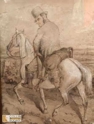 un dessin représentant un homme à cheval, à côté d'un chien
