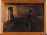 an oil painting of a man sitting in a chair in front of a fireplace