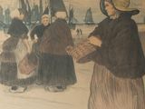 dessin représentant un groupe de personnes sur une plage, avec des bateaux en arrière-plan