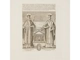 a drawing of two men standing next to each other in front of a building