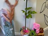 un chien debout près d'un mur orné de fleurs