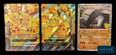 three pokemon cards are shown in a row on a black background