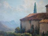 une peinture à l'huile représentant un bâtiment avec un clocher en arrière-plan