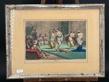 an old picture of a painting on a easel with a painting of a man playing tennis