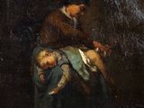 une image représentant un tableau où l'on voit un homme tenant un bébé sur ses genoux