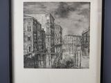 a black and white drawing of a city street with buildings