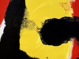 abstract painting of a man holding a tennis racquet in front of a red and yellow sun