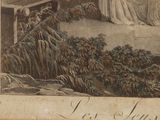 a drawing of a woman sitting on a bench in a garden