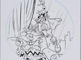 cartoon drawing of a man riding a horse with a cat on his back