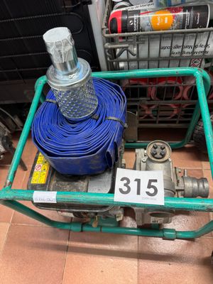 a green cart with a blue hose and a blue hose on it
