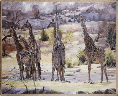 tableau représentant un groupe de girafes dans un champ