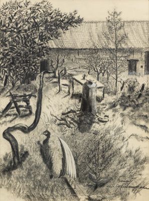 un dessin en noir et blanc représentant une scène de vie à la ferme