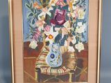 painting of a vase of flowers on a chair with a blue background