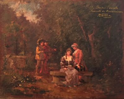 painting of a man and a woman sitting on a bench in a wooded area