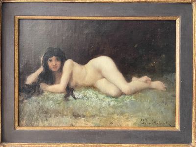 tableau représentant une femme nue allongée dans un champ recouvert d'herbe