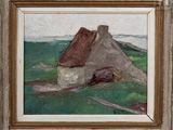 an oil painting of a house in a field with rocks and grass