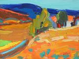 une peinture à l'huile représentant un paysage coloré avec un bateau sur la rive