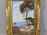 an oil painting of a tree on a hill with the ocean in the background