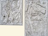 two stone reliefs of a man and a woman with a dog