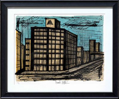 une image représentant un dessin d'un paysage urbain avec des bâtiments en arrière-plan