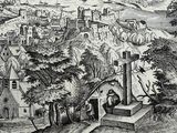 drawing of a view of a town with a horse drawn carriage