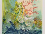 an image of a watercolor painting of a woman riding a horse