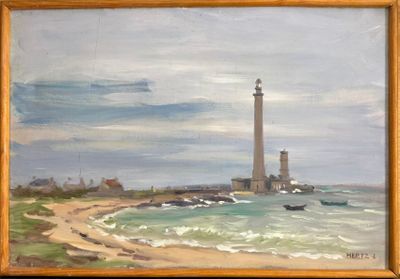 un tableau représentant un phare sur la plage, au bord de l'eau