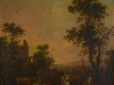 painting of a landscape with figures and animals in the foreground