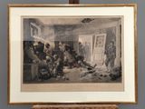 une vieille photo représentant une peinture d'un groupe de personnes dans une pièce