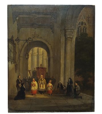 a painting of a group of people sitting around a building